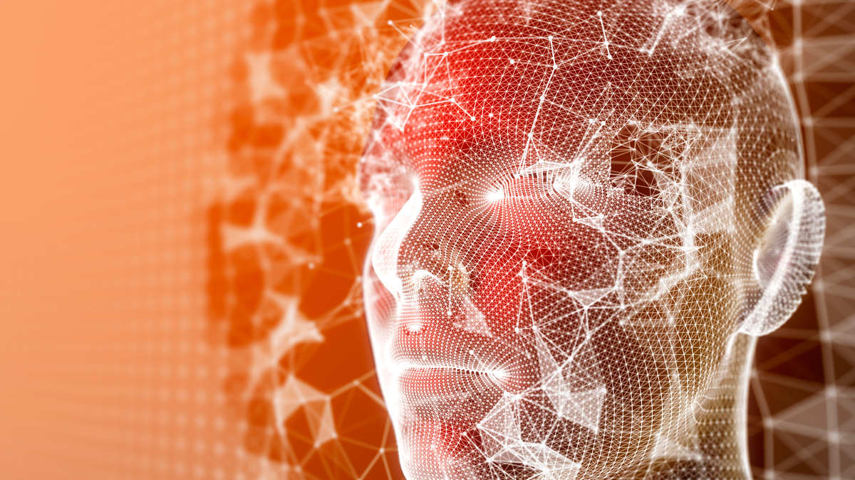 A digital rendering of a human face composed of an intricate web of white, glowing lines and nodes, forming a futuristic wireframe structure. The face is set against a warm, orange-toned background, with bright points of light scattered throughout, giving a high-tech, artificial intelligence or metaverse-inspired aesthetic.