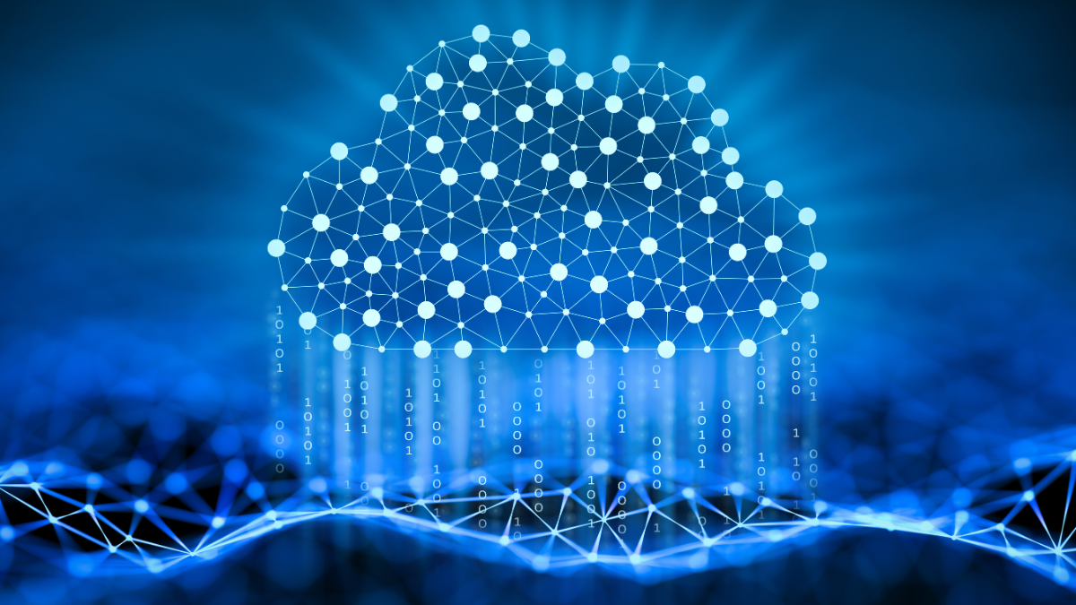 Abstract representation of a data cloud with connected nodes and binary code flowing, illustrating data transfer and cloud computing.