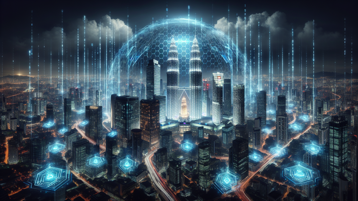 Futuristic cityscape with glowing digital elements, including holographic hexagonal grids, data streams, and security nodes. The skyline is dominated by the Petronas Towers, suggesting the setting is Kuala Lumpur, but with a cyberpunk-inspired, high-tech aesthetic. The overall theme conveys cybersecurity