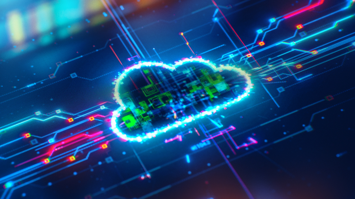 Glowing digital cloud icon set against a futuristic, circuit-like background with neon blue, red, and green elements. The cloud is composed of pixelated data, symbolizing cloud computing, cybersecurity, or digital data storage