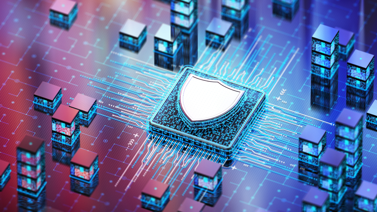 Glowing microchip with a shield icon at its center, symbolizing cybersecurity